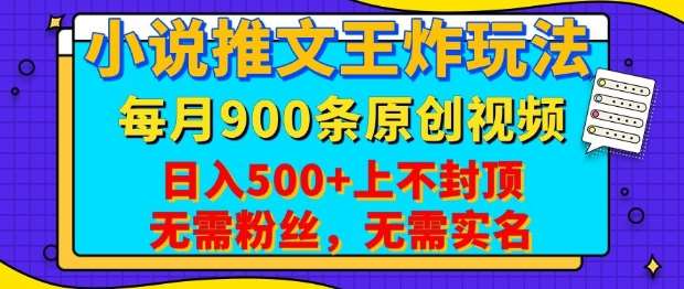 小说推文王炸玩法，一键代发，每月最多领900条原创视频，播放量收益日入5张，无需粉丝，无需实名【揭秘】-赛德副业库