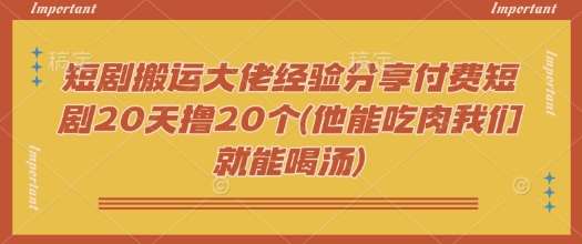 短剧搬运大佬经验分享付费短剧20天撸20个(他能吃肉我们就能喝汤)-赛德副业库