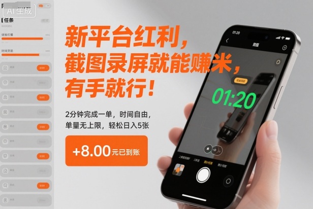 新平台红利,截图录屏就能賺米,有手就行!2分钟完成一单,时间自由,单量无上限,轻松日入5张【揭秘】-赛德副业库