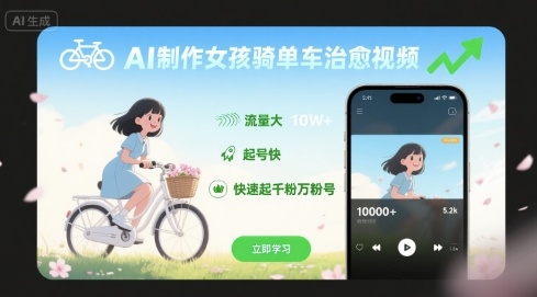 AI制作女孩骑单车治愈视频,流量大,起号快,快速起千粉万粉号-赛德副业库