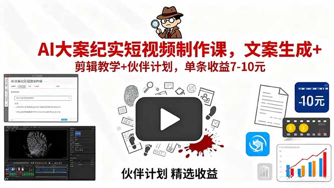 (15992期)AI大案纪实短视频制作课,文案生成+剪辑教学+伙伴计划,单条收益7-10元-赛德副业库