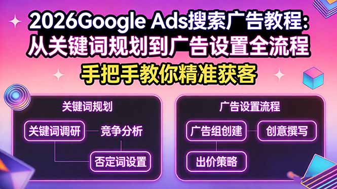(17641期)2026Google Ads搜索广告教程:从关键词规划到广告设置全流程,手把手教你精准获客-赛德副业库