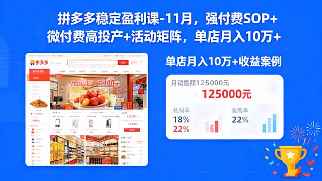 （16473期）拼多多稳定盈利课-11月，强付费SOP+微付费高投产+活动矩阵，单店月入10万+-赛德副业库
