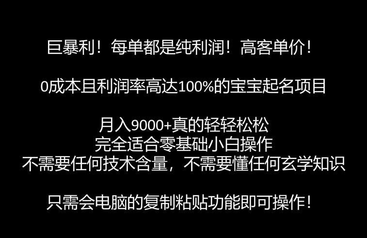 巨暴利，月入9000+的宝宝起名项目，每单都是纯利润，零基础都能躺赚【附软件+视频教程】-赛德副业库