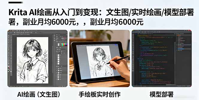 (16222期)Krita AI绘画从入门到变现:文生图/实时绘画/模型部署,副业月均6000元-赛德副业库