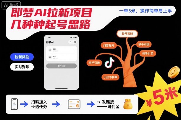 即梦AI拉新项目几种起号思路，一单5米，操作简单易上手-赛德副业库