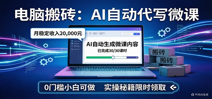 电脑搬砖AI自动代写微课，月稳定2W，0门槛小白可做，实操秘籍-赛德副业库