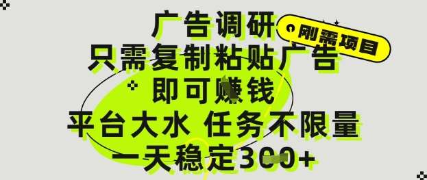 广告调研项目,只需复制粘贴广告即可挣钱,平台大水,任务不限量,一天3张【揭秘】-赛德副业库