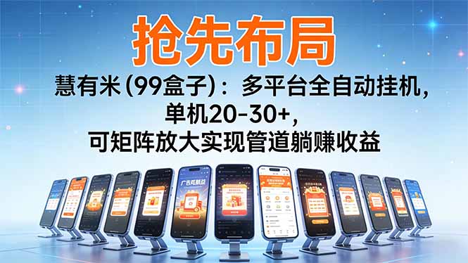 (16757期)【抢先布局】慧有米(99盒子):多平台全自动挂机,单机20-30+,可矩阵放大实现管道躺赚收益-赛德副业库