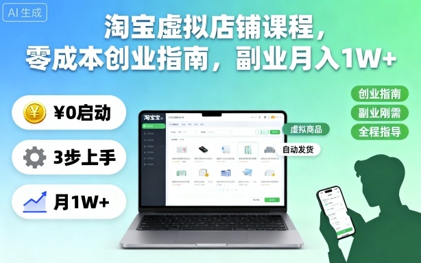 淘宝虚拟店铺课程，零成本创业指南，副业月入1W+-赛德副业库