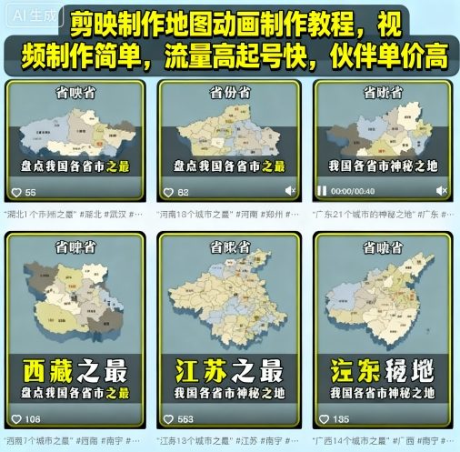 剪映制作地图动画制作教程，视频制作简单，流量高起号快，伙伴单价高-赛德副业库