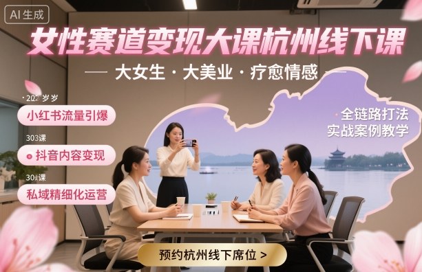 女性赛道变现大课杭州线下，大女生，大美业，疗愈情感，一套小红书、抖音、私域全链路打法-赛德副业库