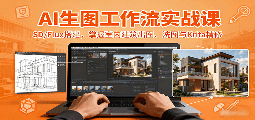 AI生图工作流实战课:SD/Flux搭建,掌握室内建筑出图、洗图与Krita精修-赛德副业库