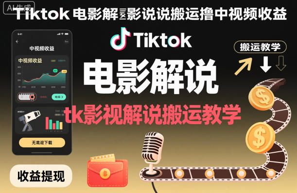Tiktok电影解说搬运撸中视频收益，tk影视解说搬运教学-赛德副业库