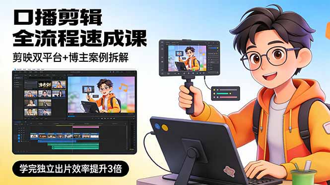 (17420期)口播剪辑全流程速成课,剪映双平台+博主案例拆解,学完独立出片效率提升3倍-赛德副业库