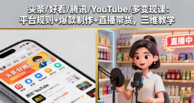 （16147期）头条/好看/腾讯/YouTube/多变现课：平台规则+爆款制作+直播带货，三维教学-赛德副业库