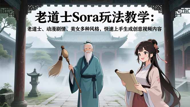 (16862期)老道士Sora玩法教学:老道士、动漫剧情、美女多种风格,快速上手生成创意视频内容-赛德副业库