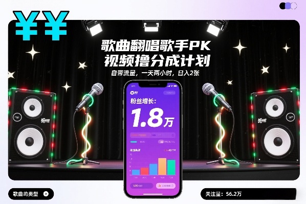 歌曲翻唱歌手PK视频撸分成计划，自带流量，一天两小时，日入2张-赛德副业库