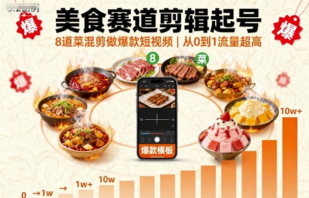 美食赛道剪辑起号，8道菜混剪做爆款短视频，从0到1，流量超高-赛德副业库