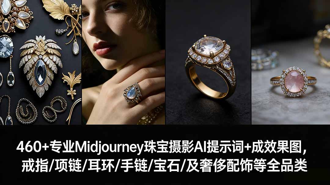 （17272期）460+专业Midjourney珠宝摄影AI提示词+成效果图，戒指/项链/耳环/手链/宝石/及奢侈配饰等全品类-赛德副业库