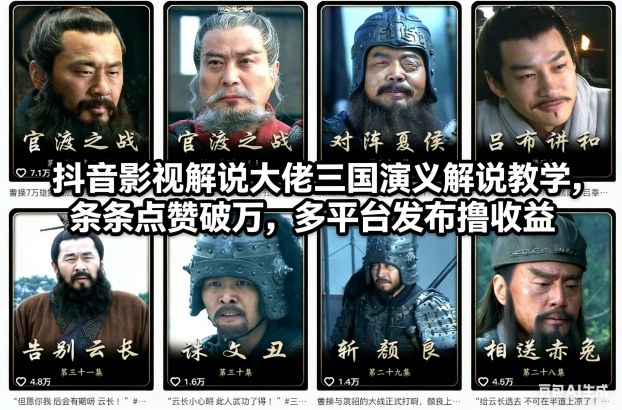 抖音影视解说大佬三国演义解说教学,条条点赞破万,多平台发布撸收益-赛德副业库