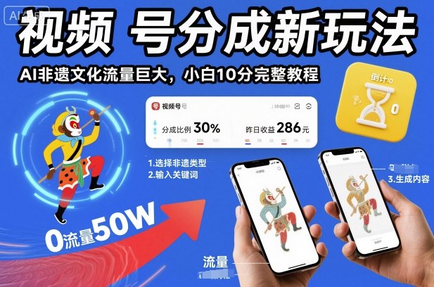 视频号分成新玩法,AI非遗文化流量巨大,小白10分钟搞定,完整教程-赛德副业库