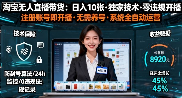 【最新】淘宝无人直播带货，日入10张，独家技术，无违规无封号，注册账号直接开播，不用养号【揭秘】-赛德副业库