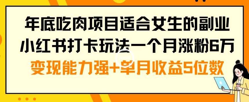 年底吃肉项目适合女生的副业小红书打卡玩法一个月涨粉6万+变现能力强+单月收益5位数【揭秘】-赛德副业库