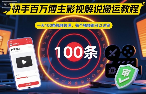 快手百万博主影视解说搬运教程，一天100条视频拉满，每个视频都可以过审-赛德副业库