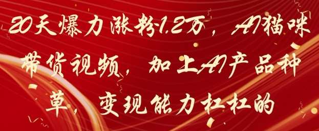 20天爆力涨粉1.2W,AI猫咪带货视频,加上AI产品种草,变现能力杠杠的-赛德副业库