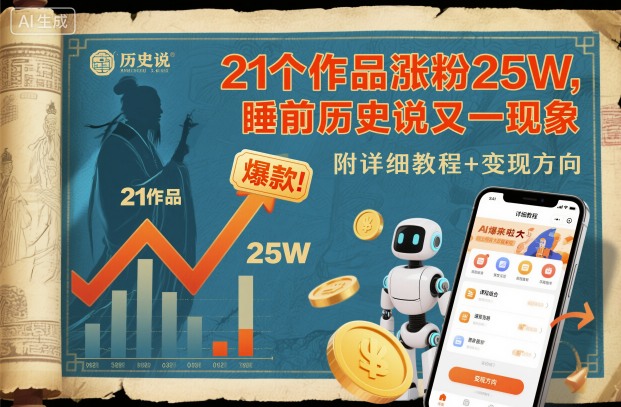 21个作品涨粉25W，睡前历史说又一现象级AI内容大爆款来啦，附详细教程+变现方向-赛德副业库