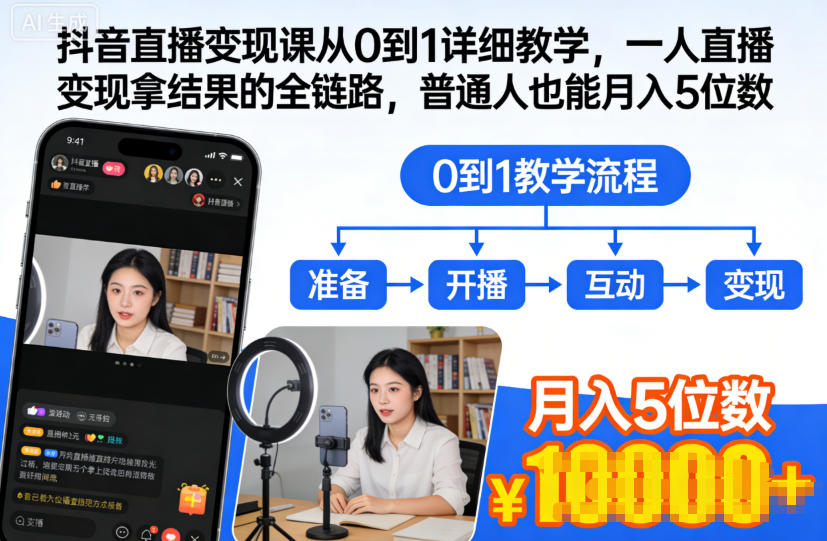 抖音直播变现课从0到1详细教学,一人直播变现拿结果的全链路,普通人也能月入5位数-赛德副业库
