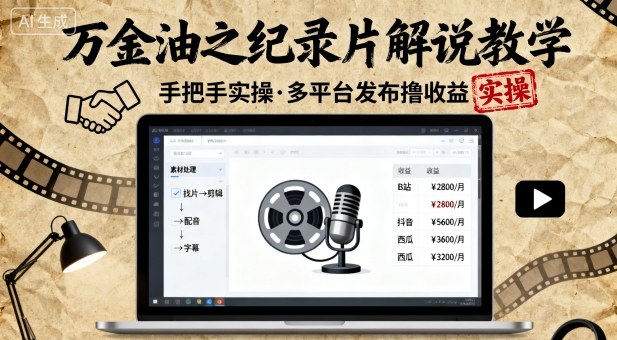 万金油之纪录片解说教学，手把手教你，完全实操，多平台发布撸收益-赛德副业库