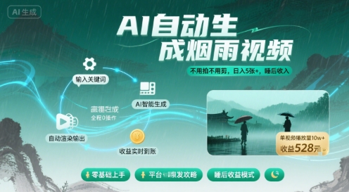 不用拍不用剪！AI自动生成烟雨视频，日入5张+，睡后收入-赛德副业库