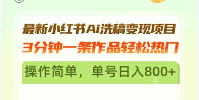 (13182期)最新小红书Ai洗稿变现项目 3分钟一条作品轻松热门 操作简单,单号日入800+-赛德副业库