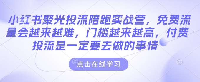 小红书聚光投流陪跑实战营，免费流量会越来越难，门槛越来越高，付费投流是一定要去做的事情-赛德副业库