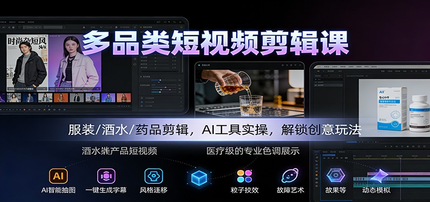 多品类短视频剪辑课:服装/酒水/药品剪辑,AI工具实操,解锁创意玩法-赛德副业库