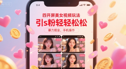 四开屏美女视频玩法,引s粉轻轻松松,暴力掘金,手机操作【揭秘】-赛德副业库