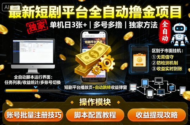 最新短剧平台全自动挂G撸金项目，单机一天3张+，多号多撸，区别于市面所有挂机项目，独家方法【揭秘】-赛德副业库