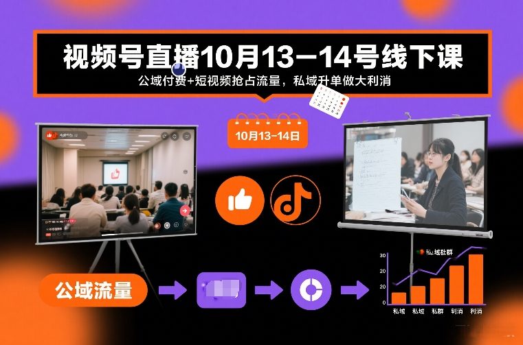 视频号直播10月13-14号线下课，公域付费+短视频抢占流量，私域升单做大利消-赛德副业库
