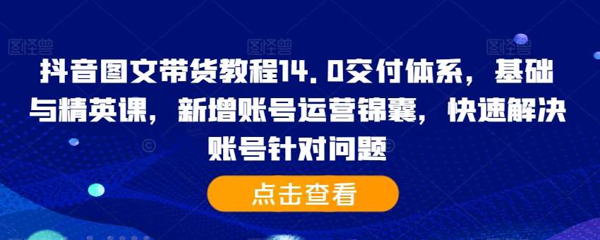 抖音图文带货教程14.0交付体系，基础与精英课，新增账号运营锦囊，快速解决账号针对问题-赛德副业库