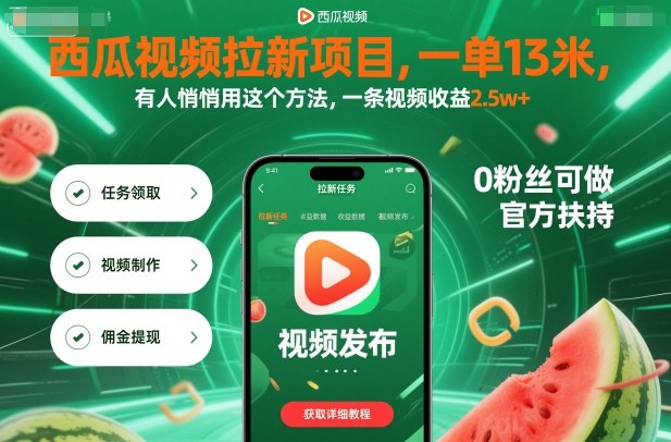 西瓜视频拉新项目，一单13米，有人悄悄用这个方法，一条视频收益2.5w+（附详细教程）-赛德副业库