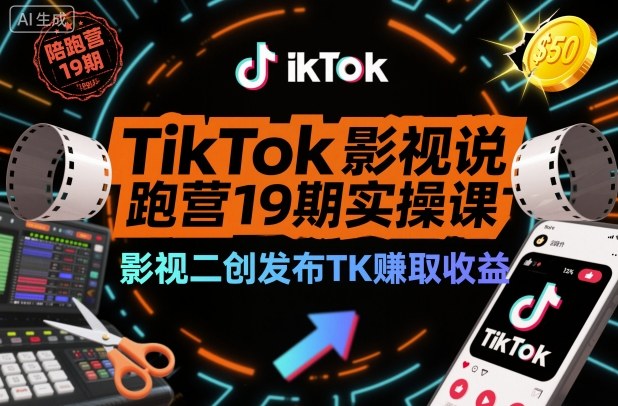TikTok影视解说陪跑营19期实操课,影视二创发布TK賺取收益,万播收益50美金-赛德副业库
