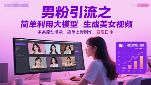 男粉引流之简单利用大模型生成美女视频,条条原创爆款,简单上传制作,变现日1k+-赛德副业库