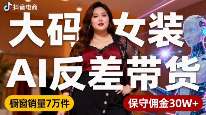 抖音小众赛道，大码女装AI反差带货，不用直播，每天6条作品，橱窗卖7万件，保守佣金30W+-赛德副业库