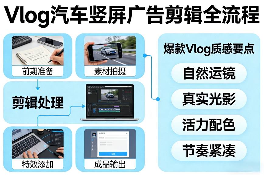 Vlog感觉汽车竖屏广告剪辑脚本全流程，拿捏爆款Vlog质感-赛德副业库