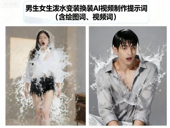 男生女生泼水变装换装AI视频制作提示词(含绘图词、视频词)-赛德副业库
