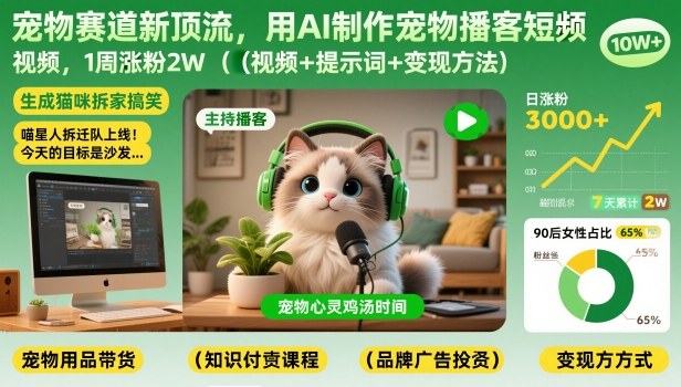 宠物赛道新顶流,用AI制作宠物播客短视频,1周涨粉2W(视频+提示词+变现方法)-赛德副业库