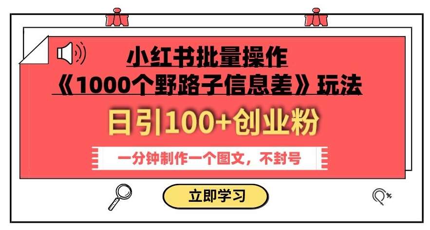 小红书批量操作《1000个野路子信息差》玩法，一分钟制作一个图文，不封号，日引100+创业粉-赛德副业库