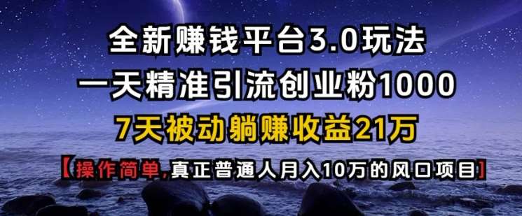 全新赚钱平台3.0玩法一天精准引流创业粉1000.7天被动躺Z收益21W【仅揭秘】-赛德副业库